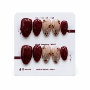 Berry Sparkle Press-On Nails — Medium Almond, Ruby Glitter — ten reusable nails on the ANARA card