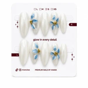 Blue Blossom Press-On Nails — Long Almond, 3D Blue Floral — ten reusable nails on the ANARA card
