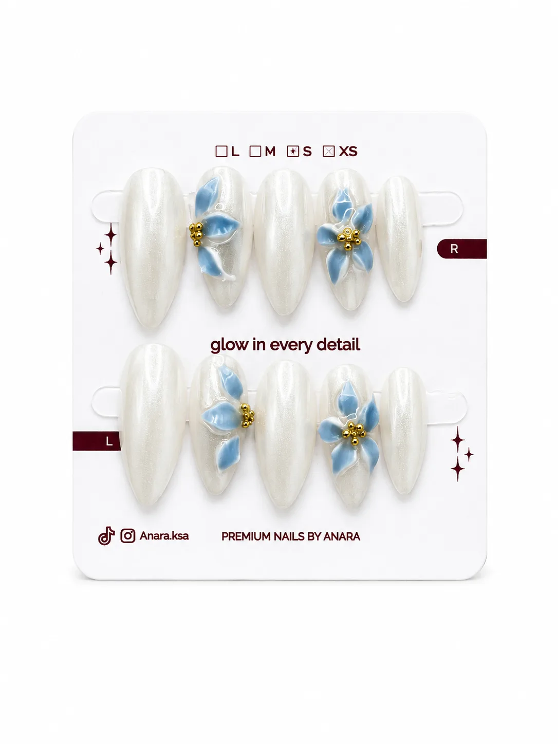 Blue Blossom Press-On Nails — Long Almond, 3D Blue Floral — ten reusable nails on the ANARA card