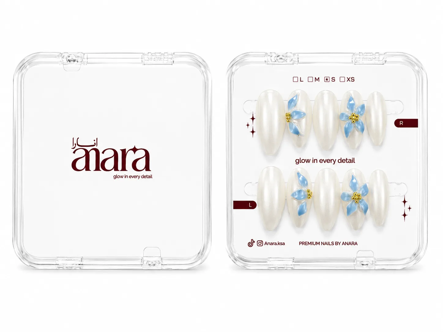 Blue Blossom Press-On Nails — Long Almond, 3D Blue Floral — detail view