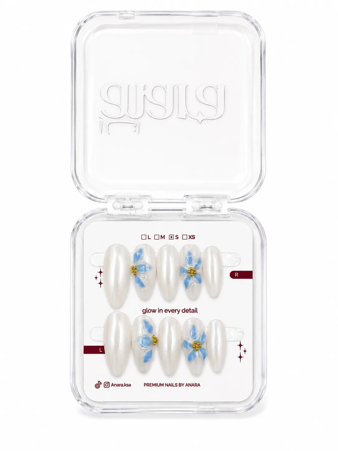 Blue Blossom Press-On Nails — Long Almond, 3D Blue Floral — detail view
