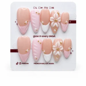 Blush Floral Pearl Press-On Nails — Long Almond, V-French — ten reusable nails on the ANARA card