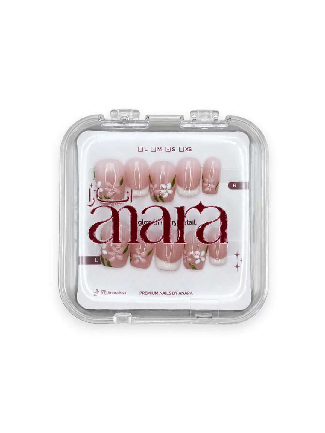 Blush Garden French Press-On Nails — Short Square, Floral — ten reusable nails on the ANARA card