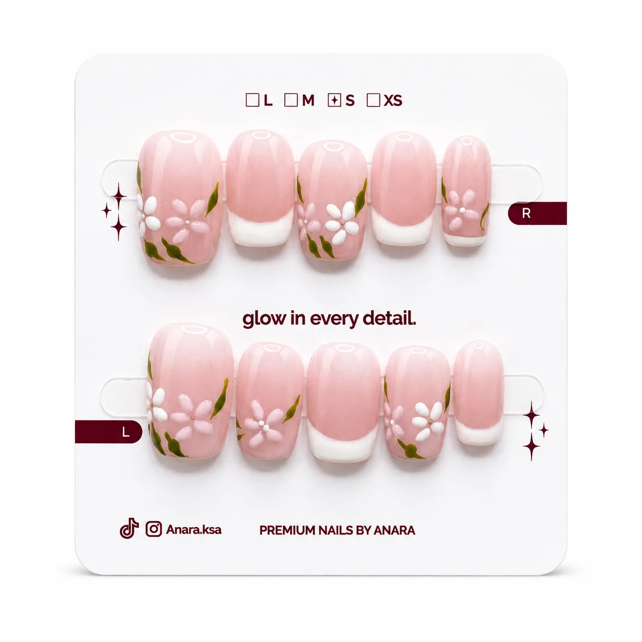 Blush Garden French Press-On Nails — Short Square, Floral — detail view