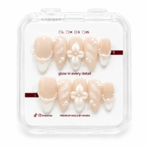 Bridal White Flower Press-On Nails — Long Almond, Pearl — ten reusable nails on the ANARA card