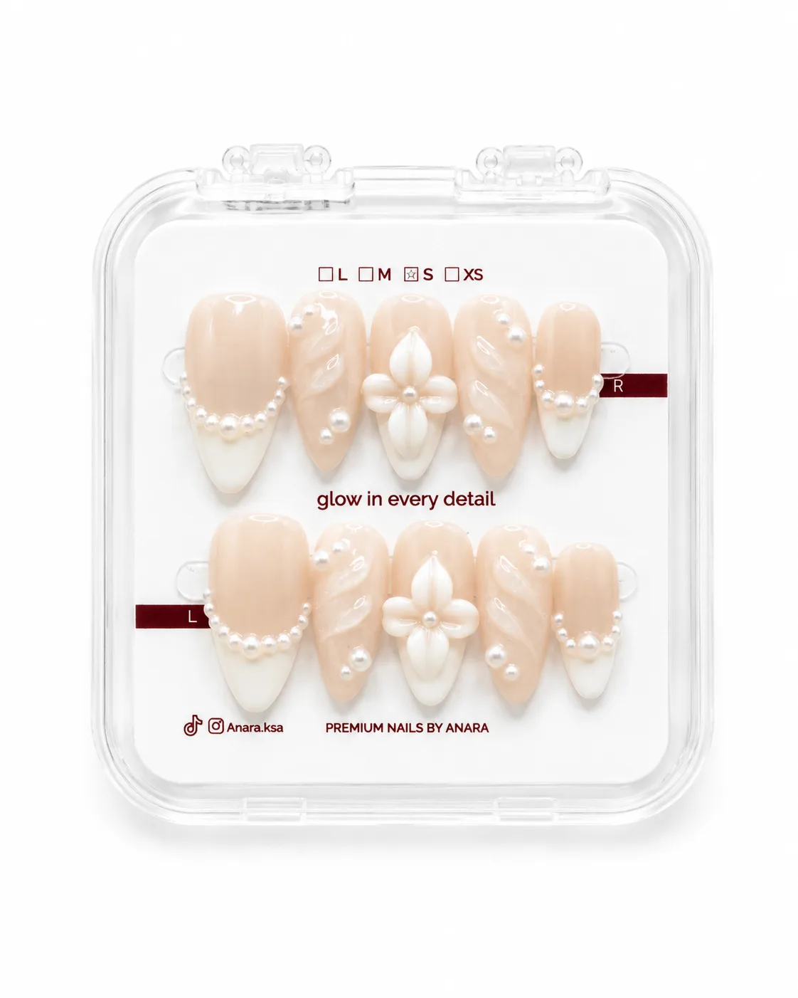 Bridal White Flower Press-On Nails — Long Almond, Pearl — ten reusable nails on the ANARA card