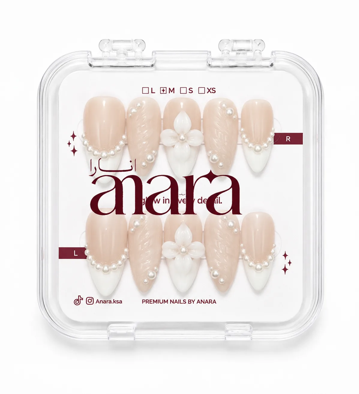 Bridal White Flower Press-On Nails — Long Almond, Pearl — detail view