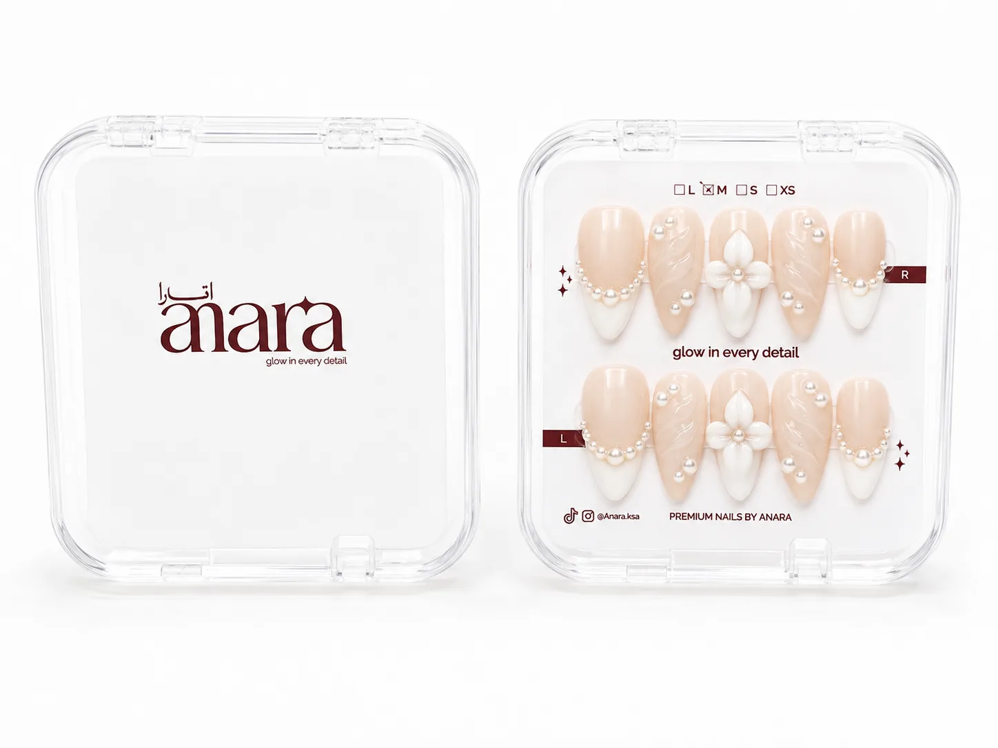 Bridal White Flower Press-On Nails — Long Almond, Pearl — detail view