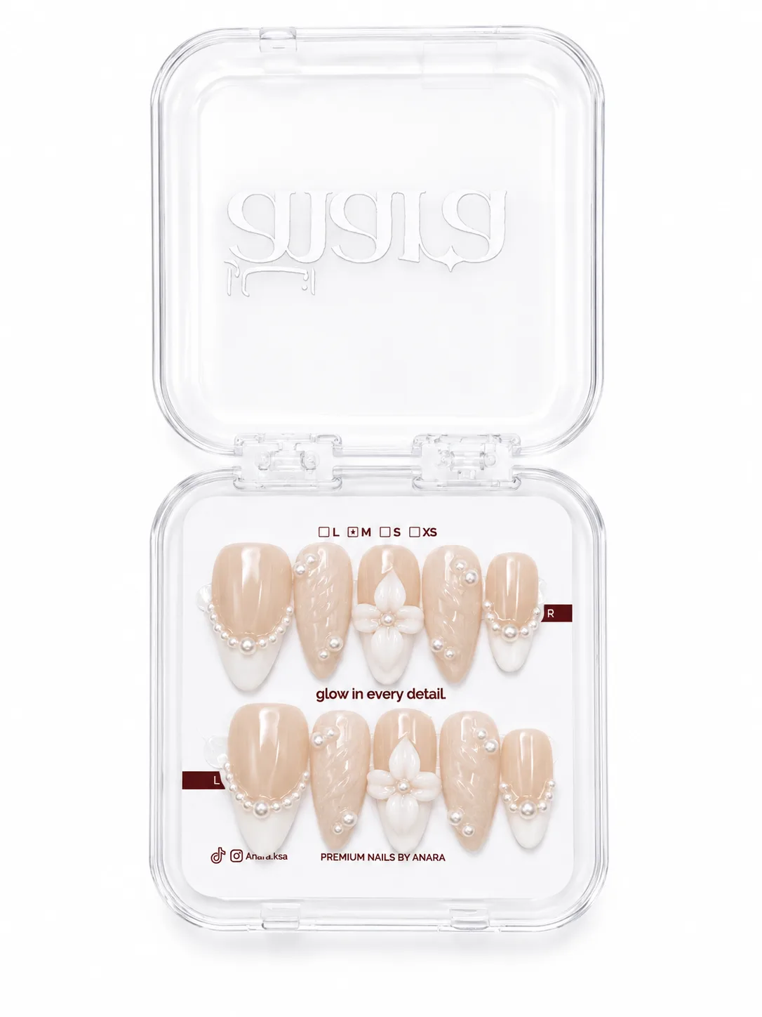 Bridal White Flower Press-On Nails — Long Almond, Pearl — detail view