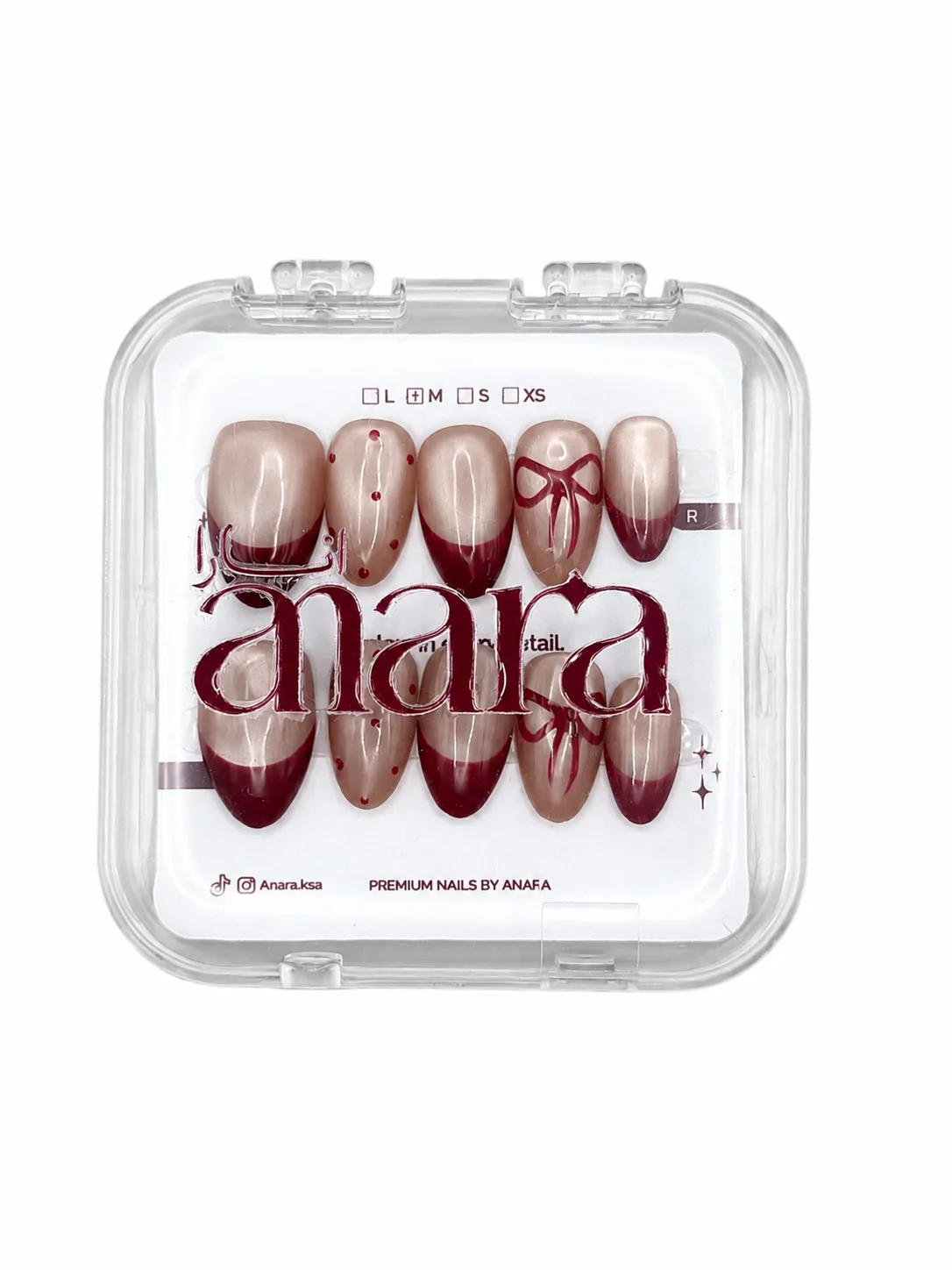 Classic Bow French Press-On Nails — Medium Almond, Ruby Tip — ten reusable nails on the ANARA card