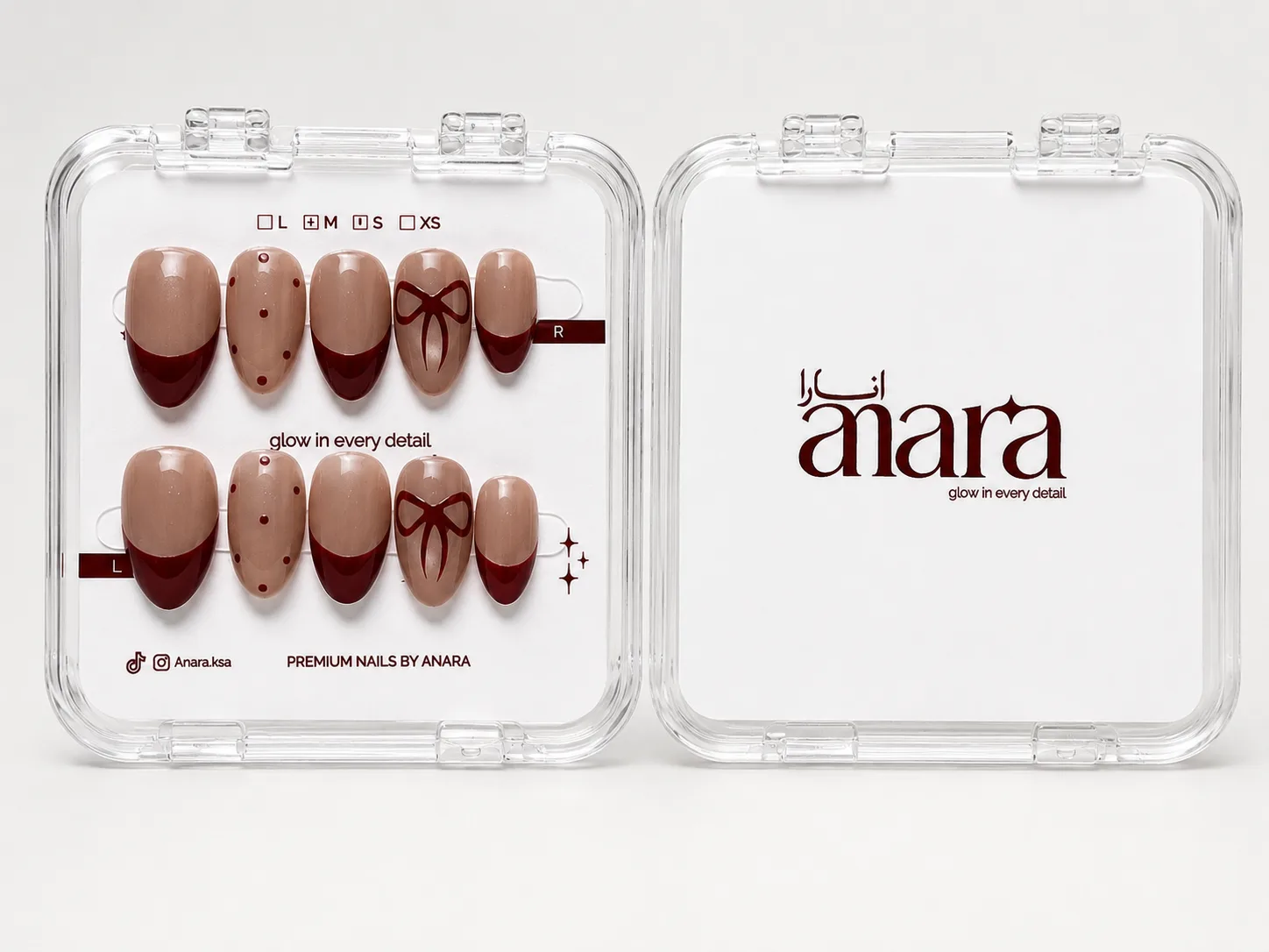 Classic Bow French Press-On Nails — Medium Almond, Ruby Tip — detail view