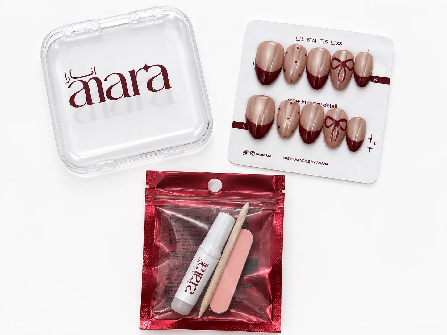 Classic Bow French Press-On Nails — Medium Almond, Ruby Tip — detail view