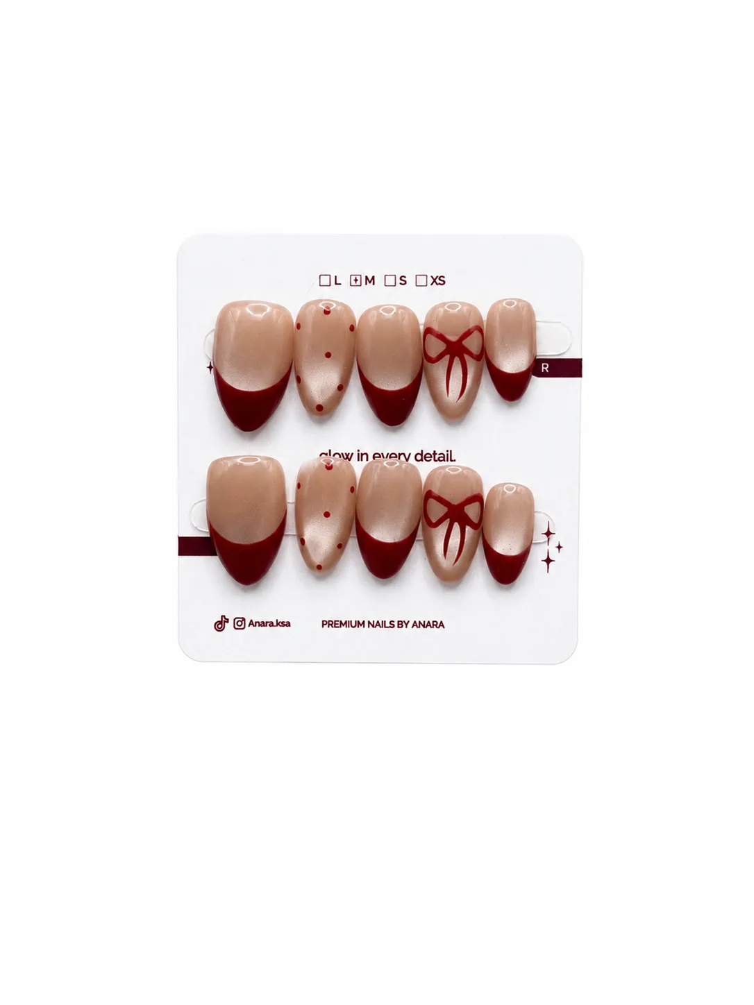 Classic Bow French Press-On Nails — Medium Almond, Ruby Tip — detail view