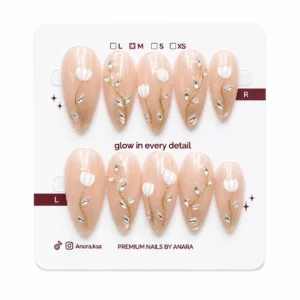 Golden Tulip Press-On Nails — Long Almond, Champagne Gold — ten reusable nails on the ANARA card