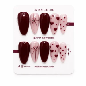 Love Ribbon Press-On Nails — Long Almond, Burgundy Bow — ten reusable nails on the ANARA card