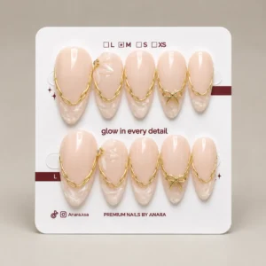 Marble Accent Press-On Nails — Long Almond, Ivory Gold French — ten reusable nails on the ANARA card
