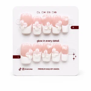 Milky Flower French Press-On Nails — Short Square, 3D White — ten reusable nails on the ANARA card