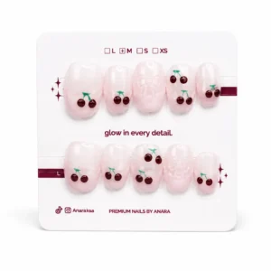 Mini Cherry French Press-On Nails — Short Round, Blush — detail view