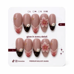 Mocha Rose Bloom Press-On Nails — Long Almond, Mocha French — detail view