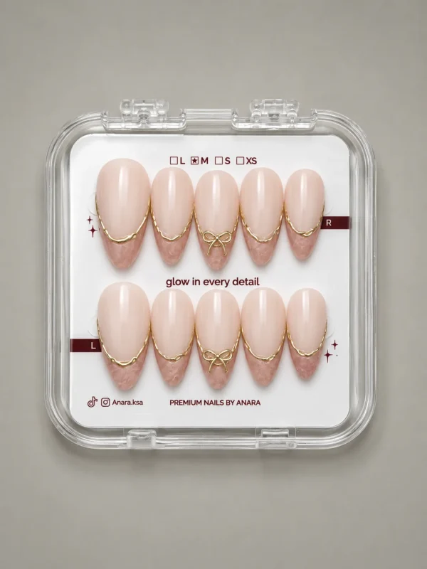 Nude Gold French Bow press-on nails, medium almond: in its clear case