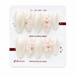 Pink Blossom Press-On Nails — Long Almond, 3D Pink Floral — ten reusable nails on the ANARA card