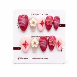 Pink Ruby Blossom Press-On Nails — Medium Almond, Red Floral — ten reusable nails on the ANARA card