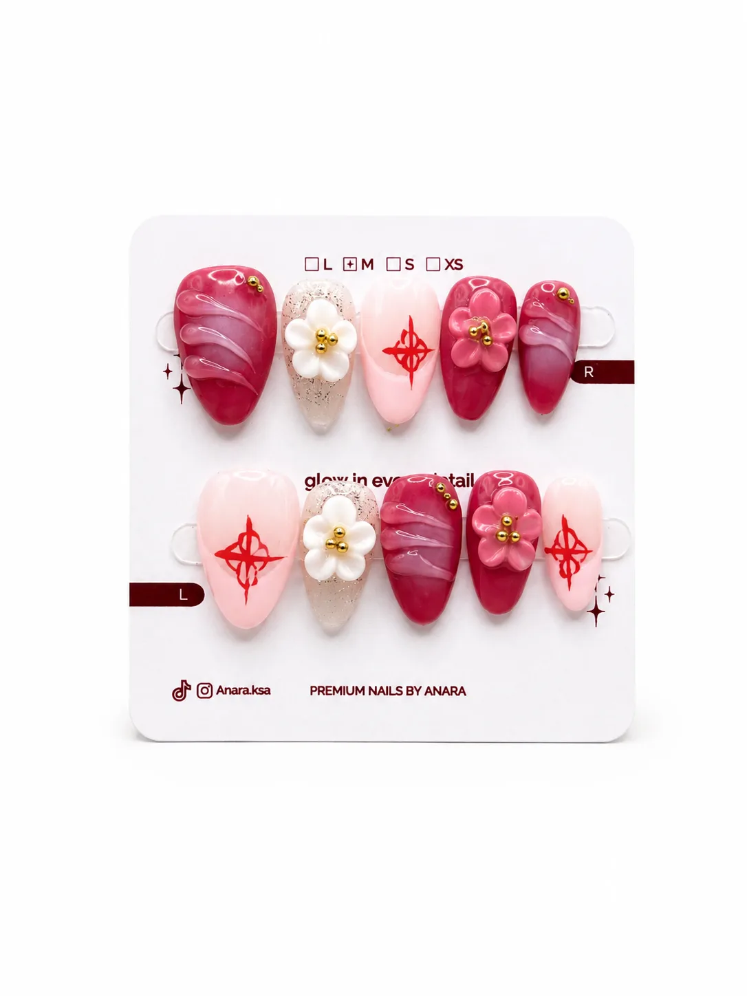 Pink Ruby Blossom Press-On Nails — Medium Almond, Red Floral — ten reusable nails on the ANARA card