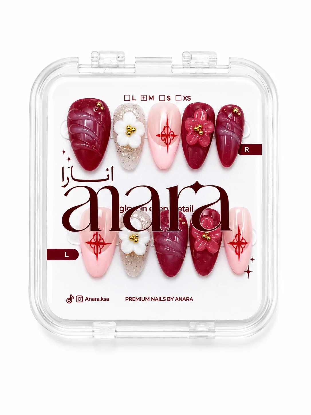 Pink Ruby Blossom Press-On Nails — Medium Almond, Red Floral — detail view
