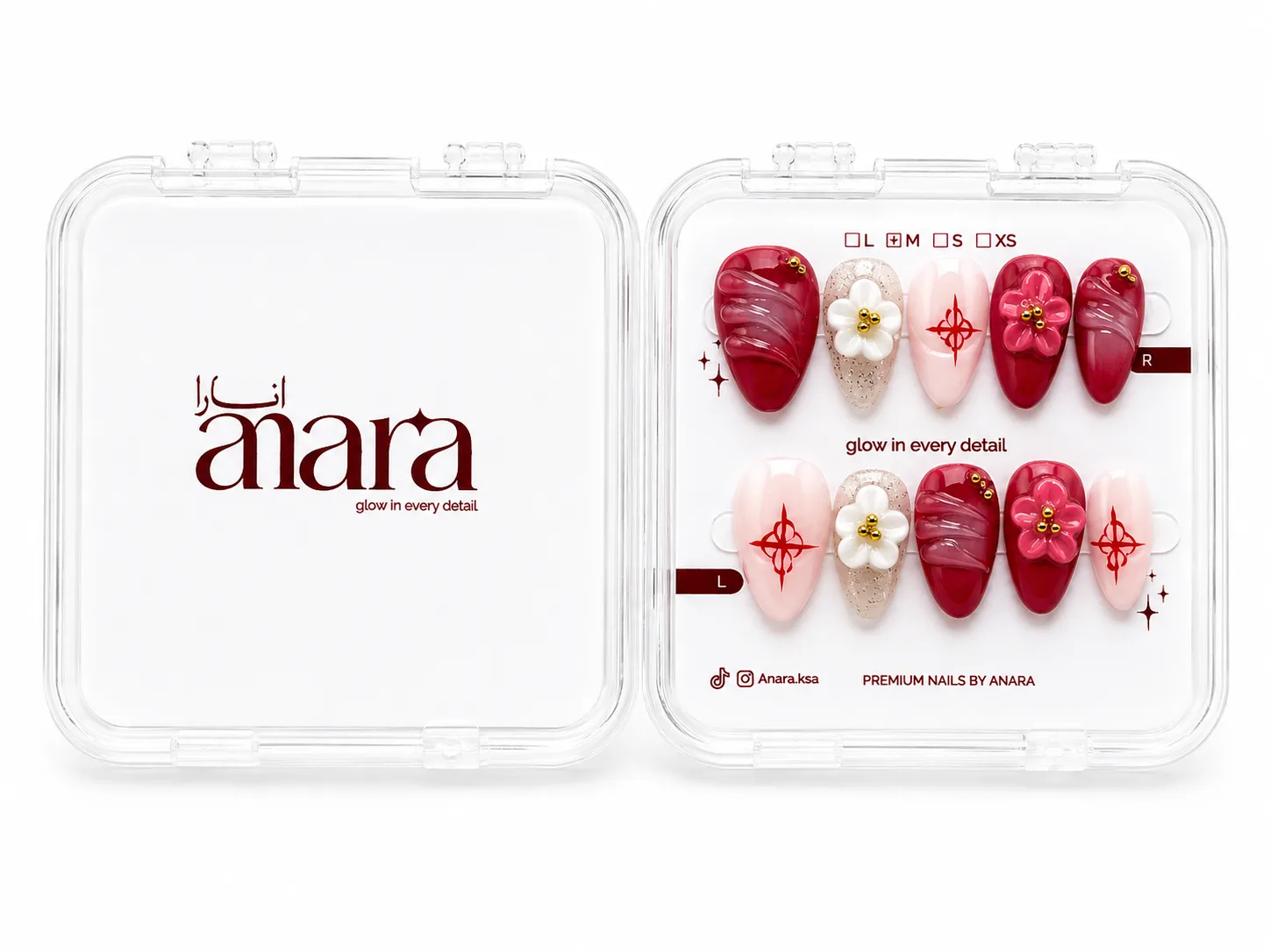 Pink Ruby Blossom Press-On Nails — Medium Almond, Red Floral — detail view