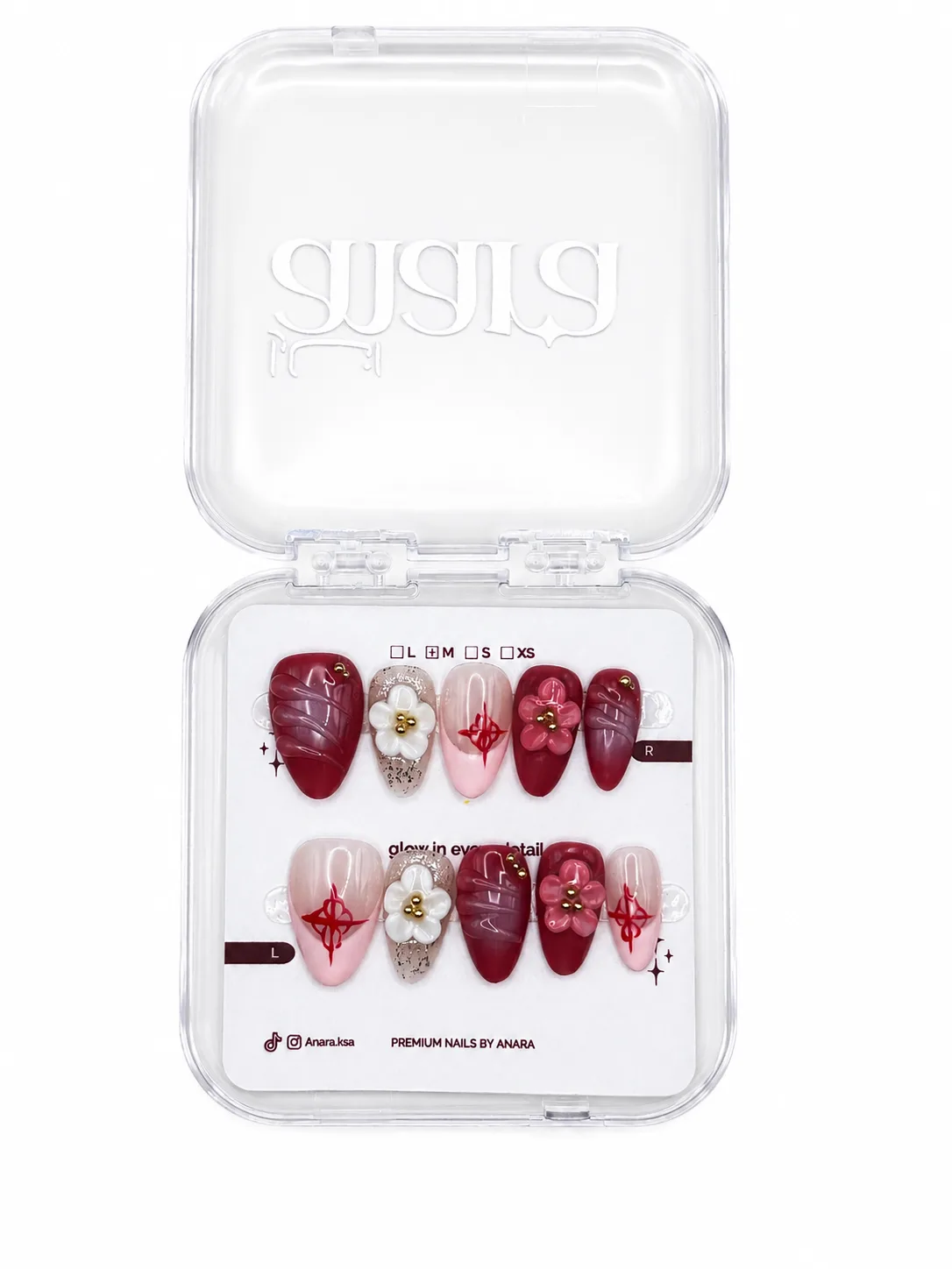 Pink Ruby Blossom Press-On Nails — Medium Almond, Red Floral — detail view