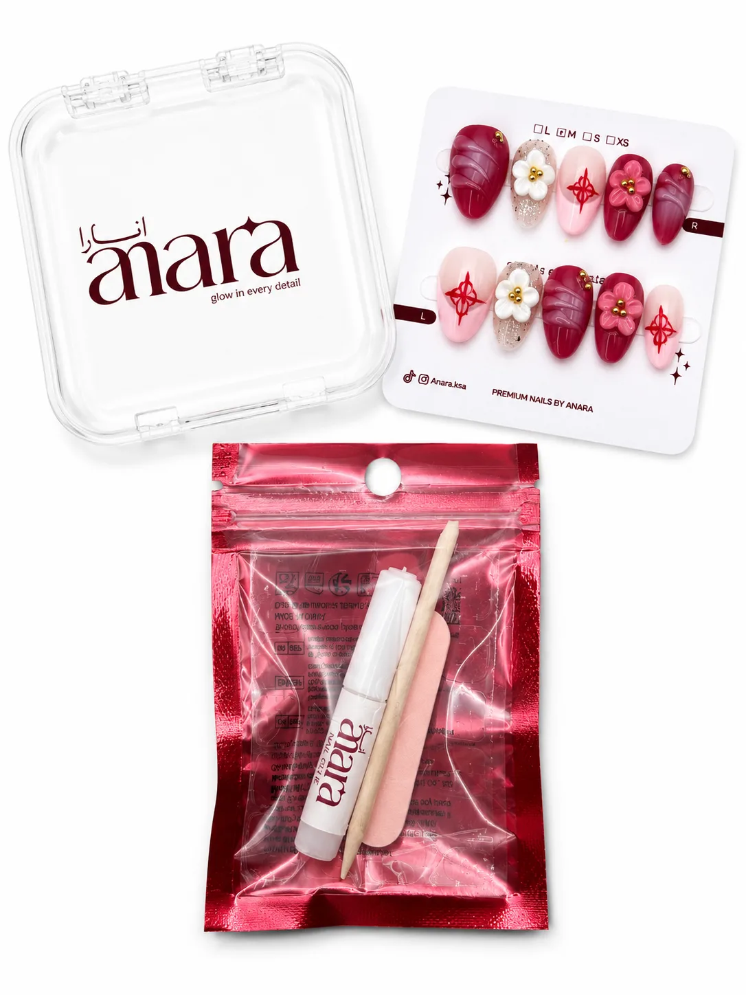 Pink Ruby Blossom Press-On Nails — Medium Almond, Red Floral — detail view