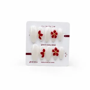 Red Blossom Press-On Nails — Long Almond, 3D Red Floral — ten reusable nails on the ANARA card