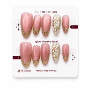 Rose Gold Bloom Press-On Nails — Long Almond, Gold French — ten reusable nails on the ANARA card