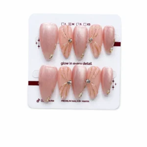 Soft Pearl Glow Press-On Nails — Medium Almond, Champagne — ten reusable nails on the ANARA card