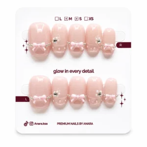 Soft Ribbon Charm Press-On Nails — Short Squoval, 3D Bow — ten reusable nails on the ANARA card