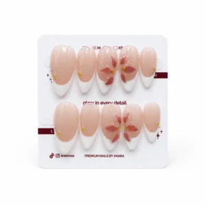 Soft Rose French Press-On Nails — Medium Almond, White Tip — ten reusable nails on the ANARA card