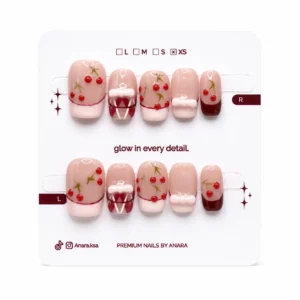 Sweet Cherry Picnic Press-On Nails — Short Square, Cherry — ten reusable nails on the ANARA card