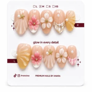 Tropical Pearl Press-On Nails — Medium Almond, Shell and Starfish — ten reusable nails on the ANARA card