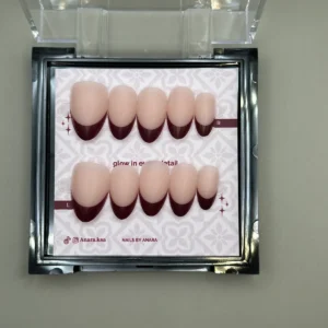 Burgundy Tip Press-On Nails — Long Almond, French — twenty-four nails in the ANARA box