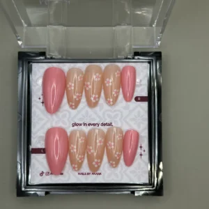 Caramel Daisy Press-On Nails — Long Almond, Scattered Blossom — twenty-four nails in the ANARA box