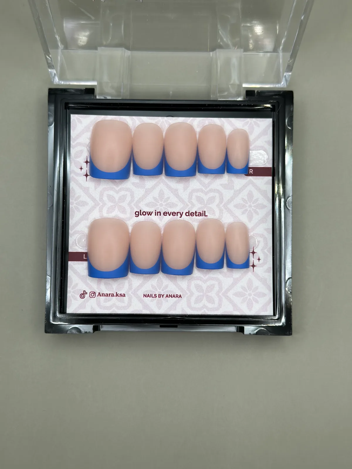 Cobalt Tip Press-On Nails — Short Square, French — twenty-four nails in the ANARA box