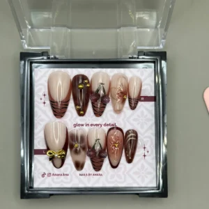 Cocoa Cherry Press-On Nails — Long Almond, 3D Cherries and Gold Bow — twenty-four nails in the ANARA box