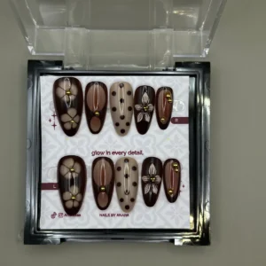 Cocoa Daisy Press-On Nails — Long Almond, Sculpted Flowers — twenty-four nails in the ANARA box