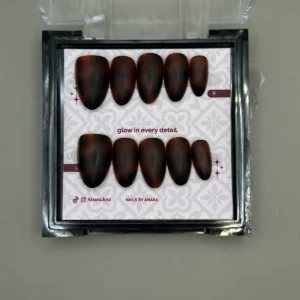 Cocoa Smoke Press-On Nails — Long Almond, Matte Aura — twenty-four nails in the ANARA box