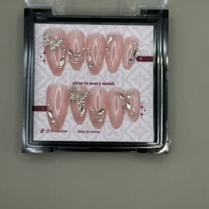 Crystal Butterfly Press-On Nails — Long Almond, Crystal Set — twenty-four nails in the ANARA box
