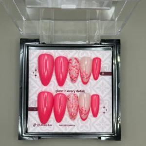 Fuchsia Blossom Press-On Nails — Long Almond, Cherry Blossom Art — twenty-four nails in the ANARA box