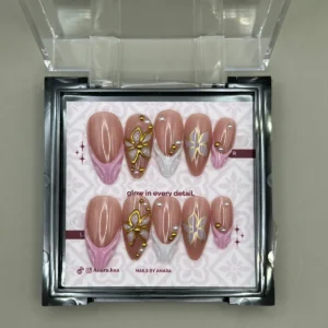 Gilded Bloom Press-On Nails — Long Almond, 3D Gold Flowers — twenty-four nails in the ANARA box