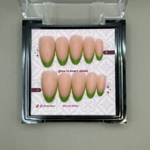 Green Tip Press-On Nails — Long Almond, French — twenty-four nails in the ANARA box