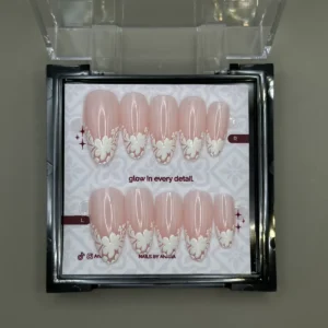 Lace Blossom Press-On Nails — Medium Almond, White 3D Flowers — twenty-four nails in the ANARA box