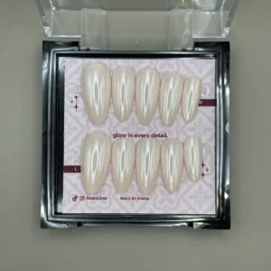 Moonlit Pearl Press-On Nails — Long Almond, Pearl Chrome — twenty-four nails in the ANARA box